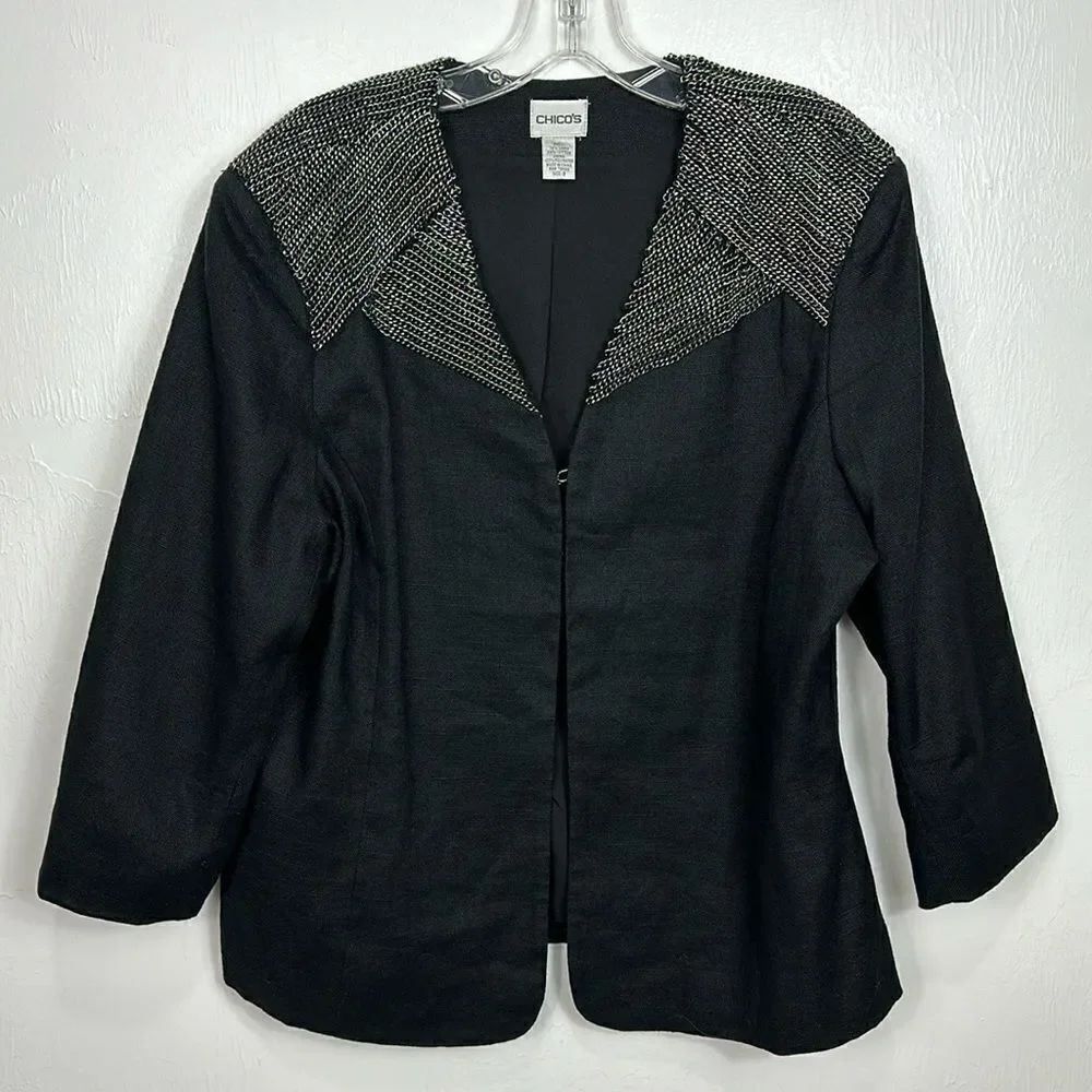 Chico’s Black Silver Chain Detail Linen Blend Jacket Blazer Size XL